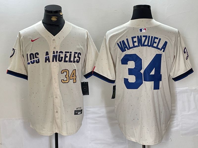 Men Los Angeles Dodgers 34 Valenzuela Cream Fashion Nike Game MLB Jersey style 4